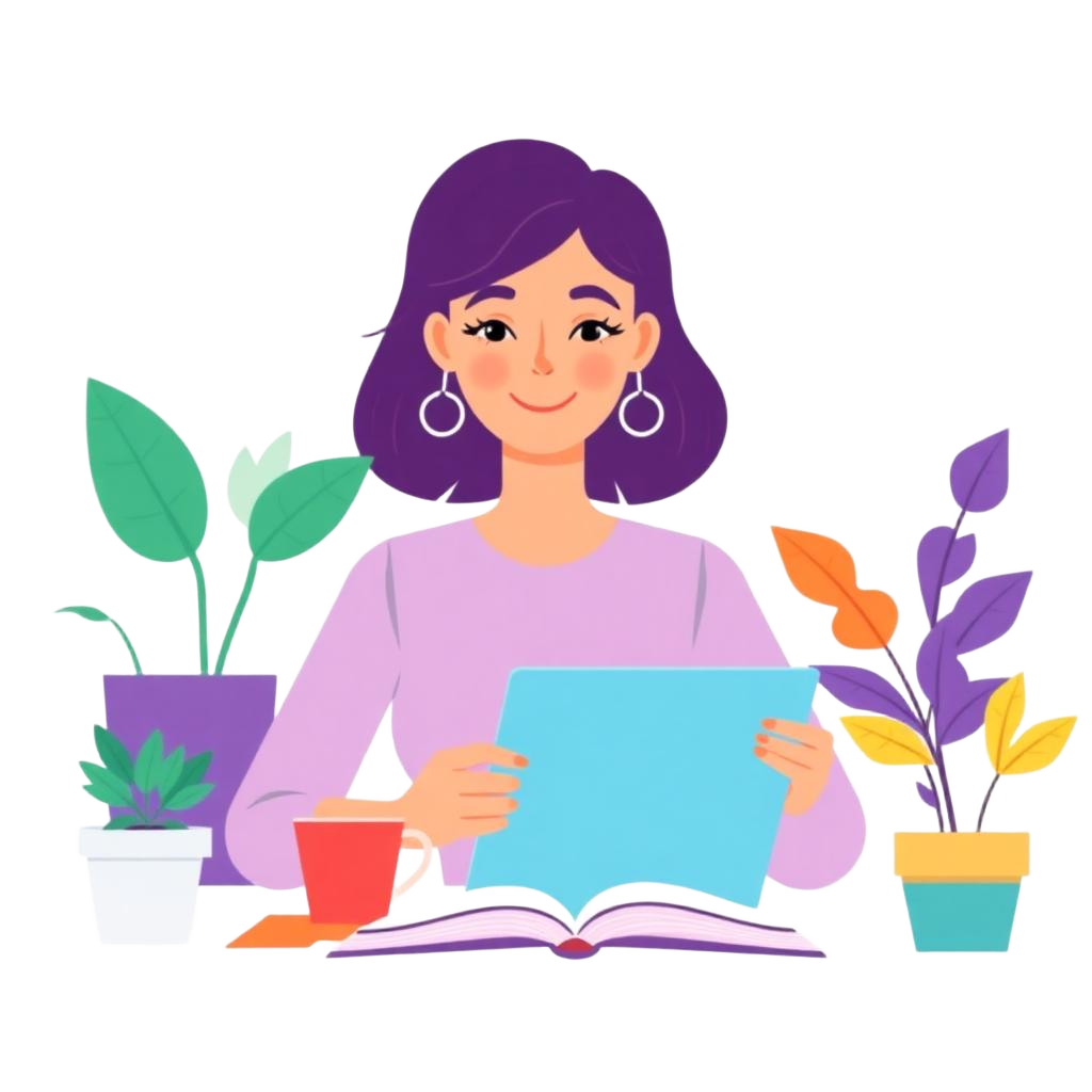 Illustration d'une femme à son bureau avec un café et un carnet ouvert